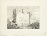 Title page with a large wall of a classical ruin, with a figure seated at right pointing to the dedication, from "Views" (Vedute altre prese da i luoghi altre ideate da Antonio Canal), Canaletto (Giovanni Antonio Canal)  Italian, Etching; second state of two