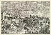 Imaginary View of Venice, houses at left with figures on terraces, a domed church at center in the background, boats and boat-sheds below, and a seated man observing from a wall at right in the foreground, from "Views" (Vedute altre prese da i luoghi altre ideate da Antonio Canal), Canaletto (Giovanni Antonio Canal)  Italian, Etching; undivided plate, only state