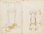 San Lorenzo, Library, Ricetto, upper window, elevation; niche,elevation, plan, and section (recto) San Lorenzo, Library, Ricetto, niche, details; upper window, details, elevation (verso), Drawn by Anonymous, French, 16th century, Dark brown ink, black chalk, and incised lines