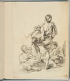 A Man, seen from behind, holding a trophy of arms, from Nouveau Livre de diverse Figures (New Book of Various Figures), François Boucher French, Etching; second state of two (Baudicour)