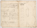 Palazzo dei Conservatori, portico, plan; façade cornice, elevation; minor order, cornice; column, elevation; pedestal, elevation (recto); Palazzo dei Conservatori, portal, elevation; section (verso), Anonymous, French, 16th century, Pen and dark brown ink, black chalk, and incised lines