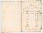 Palazzo dei Conservatori, portico, plan; façade cornice, elevation; minor order, cornice; column, elevation; pedestal, elevation (recto); Palazzo dei Conservatori, portal, elevation; section (verso), Anonymous, French, 16th century, Pen and dark brown ink, black chalk, and incised lines