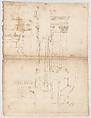 St Peter's, entablature profile; reflected ceiling details of the cornice, and profiles of column bases and pedestals (recto)
St. Peter's, section through drum of model and entablature of upper story (verso), Drawn by Anonymous, French, 16th century, Dark brown ink, black chalk, and incised lines
