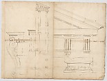 Temple of Hercules, Cori, plan, elevation; portal, details; Doric order, details (recto) St. Peter's, drum, section (verso), Drawn by Anonymous, French, 16th century, Dark brown ink, black chalk, and incised lines