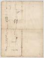 Temple of Hercules, Cori, plan, elevation; portal, details; Doric order, details (recto) St. Peter's, drum, section (verso), Drawn by Anonymous, French, 16th century, Dark brown ink, black chalk, and incised lines