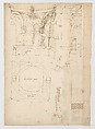 Pantheon, pediment details (recto) Pantheon, pilaster capital profile and projected elevation, column diagram, bronze door detail (verso), Drawn by Anonymous, French, 16th century, Dark brown ink, black chalk, and incised lines