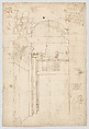 Pantheon, portico, Corinthian column capital, projection, plan, and details; column shaft, profile; beam architrave, elevation (recto) Pantheon, cella, perspective, details; vault, details; portal, interior, cornice, profile (verso), Drawn by Anonymous, French, 16th century, Dark brown ink, black chalk, and incised lines