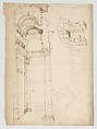 Pantheon, partial plan; details (recto) Pantheon, rectangular niche, perspective; vault, detail (verso), Drawn by Anonymous, French, 16th century, Dark brown ink, black chalk, and incised lines