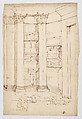 Pantheon, vestibule, perspective; panel moulding, profiles (recto) Pantheon, rectangular niche, plan; half round niche, plan (verso), Drawn by Anonymous, French, 16th century, Dark brown ink, black chalk, and incised lines
