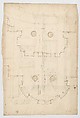 Pantheon, vestibule, perspective; panel moulding, profiles (recto) Pantheon, rectangular niche, plan; half round niche, plan (verso), Drawn by Anonymous, French, 16th century, Dark brown ink, black chalk, and incised lines