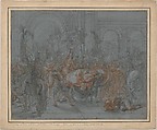 Study for the Funeral of Pallas, Antoine Coypel French, Red and black chalk heightened with white chalk on blue paper