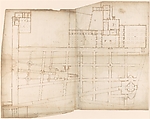 Ville d'Este, Gardens, Quirinal, plan (recto) blank (verso), Drawn by Anonymous, French, 16th century, Pen and brown ink, brush and brown wash over traces of black chalk