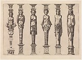 Six terms, four female and two male, with Hercules at far right, plate 1, from Caryatidum [...] sive Athlantidum multiformium ad quemlibet Architecture ordinem Accommodatarum centuria prima [...], Hans Vredeman de Vries  Netherlandish, Etching; first state of two (Hollstein)