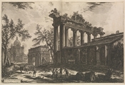 Another view of the remains of the Pronaos of the Temple of Concord (The Temple of Saturn with Arch of Septimius Severus in left background), from "Vedute di Roma" (Views of Rome), part I, Giovanni Battista Piranesi Italian, Etching; first state of three (Hind)