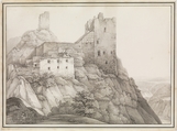 The Ruin of Liebenstein Castle near Bornhofen am Rhein, Seen from the North-West, Christian Georg Schütz the Younger  German, Pen and black ink, brush and gray ink; framing line in pen and black ink. Laid down