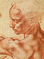 Studies for the Libyan Sibyl (recto); Studies for the Libyan Sibyl and a small Sketch for a Seated Figure (verso), Michelangelo Buonarroti (Italian, Caprese 1475–1564 Rome), Red chalk, with small accents of white chalk on the left shoulder of the figure in the main study (recto); soft black chalk, or less probably charcoal (verso)