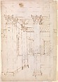 Pantheon, entablature and column pilaster capital, projection; rosette, details; capital profile; base, profile; pilaster, plan (recto) Pantheon, rectangular niche, perspective (verso), Drawn by Anonymous, French, 16th century, Dark brown ink, black chalk, and incised lines