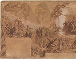 Paradise, Federico Zuccaro (Zuccari) (Italian, Sant&#39;Angelo in Vado 1540/42–1609 Ancona), Pen and brown ink, brush and brown wash, watercolor, gouache, highlighted with white gouache, left and central sections squared in red chalk, on three sheets of brown paper, joined vertically.  A piece of brown paper with figures of Christ, the Virgin, and St. John the Baptist, measuring 14.0 x 24.0 cm., has been affixed at the center of the drawing.