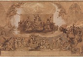 Paradise, Federico Zuccaro (Zuccari) (Italian, Sant&#39;Angelo in Vado 1540/42–1609 Ancona), Pen and brown ink, brush and brown wash, watercolor, gouache, highlighted with white gouache, left and central sections squared in red chalk, on three sheets of brown paper, joined vertically.  A piece of brown paper with figures of Christ, the Virgin, and St. John the Baptist, measuring 14.0 x 24.0 cm., has been affixed at the center of the drawing.