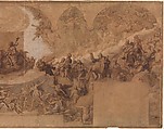 Paradise, Federico Zuccaro (Zuccari) (Italian, Sant&#39;Angelo in Vado 1540/42–1609 Ancona), Pen and brown ink, brush and brown wash, watercolor, gouache, highlighted with white gouache, left and central sections squared in red chalk, on three sheets of brown paper, joined vertically.  A piece of brown paper with figures of Christ, the Virgin, and St. John the Baptist, measuring 14.0 x 24.0 cm., has been affixed at the center of the drawing.