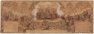 Paradise, Federico Zuccaro (Zuccari) (Italian, Sant'Angelo in Vado 1540/42–1609 Ancona), Pen and brown ink, brush and brown wash, watercolor, gouache, highlighted with white gouache, left and central sections squared in red chalk, on three sheets of brown paper, joined vertically.  A piece of brown paper with figures of Christ, the Virgin, and St. John the Baptist, measuring 14.0 x 24.0 cm., has been affixed at the center of the drawing.