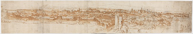 View of Rome from the Janiculum in the South-West; verso: Sketch of buildings and plants, Anthonis van den Wijngaerde (Netherlandish, Antwerp (?) 1525–1571 Madrid), Pen and brown ink, brown and blue wash, over black chalk, on three pieces of paper glued together