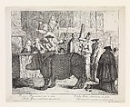 The Rhinoceros, Clara, in the foreground, her keeper holding her horn and a whip behind her at center with various other spectators in Carnival masks, Alessandro Longhi  Italian, Etching