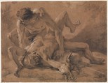 Two Nude Male Figures Struggling Together, Nicolas de Largillierre (or Largillière)  French, Charcoal, stumped, black and white chalk on brownish paper