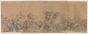 Study for Angels Sealing the Foreheads of the Children of Israel in Saint Peter's Basilica, Pietro da Cortona (Pietro Berrettini) Italian, Black chalk, brush with brown and gray wash, highlighted with white gouache, on three sheets of brownish paper glued with overlapping joints