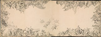 Design for a Ceiling: Allegories of the Four Continents, Giovanni Antonio Pellegrini  Italian, Brush and gray wash, over graphite or lead; framing lines in pen and black ink; four sections of paper, two center parts joined together