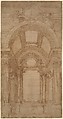 Design for an Elaborate Barrel-Vaulted Chapel, Baldassarre Tommaso Peruzzi Italian, Pen and brown ink, over graphite; ruler and compass construction