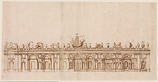 Design after a Fountain in the Villa Aldobrandini at Frascati, Giovanni Guerra Italian, Pen and brown ink, brush with brown wash and pale blue-gray watercolor accents (on the depictions of water), over leadpoint or black chalk, with ruling and compass construction