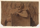 Cartoon Fragment for Adolescent Angel Leaning on a Tablet or Closed Book, Marcantonio Franceschini (Italian, Bologna 1648–1729 Bologna), Brush with brown wash and gouache, over traces of granular charcoal underdrawing, on six glued sheets of paper; lined with canvas