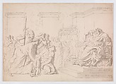 Pyrrhus in the House of Glaucias, Augustin Pajou French, Black chalk, pen and gray ink, brush and gray wash on two joined sheets