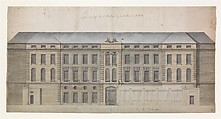 Elevation of the Façade of the Marché à la Volaille, Quai des Grands Augustins, Paris, Célestin-Joseph Happe French, Pen and black ink, brush and gray, brown, blue, and rose wash