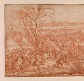 Louis XIV at the Siege of Cambrai, Seen from the South-West (March 20–April 19, 1677), studio of Adam Frans van der Meulen (Flemish, Brussels 1632–1690 Paris), Red chalk, over black chalk; squared in black chalk; framing lines in pen and black ink