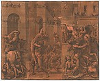 The Rape of the Sabines, Andrea Andreani Italian, Chiaroscuro woodcut in three sections (joined), each printed from four blocks