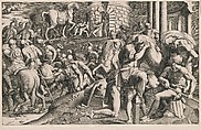 The Trojans pulling the wooden horse into the city, Giulio Bonasone (Italian, active Rome and Bologna, 1531–after 1576), Engraving