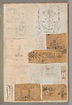 Page from a Scrapbook containing Drawings and Several Prints of Architecture, Interiors, Furniture and Other Objects, Charles Percier French, Pen and black and gray ink, graphite, black chalk