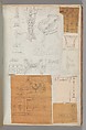 Page from a Scrapbook containing Drawings and Several Prints of Architecture, Interiors, Furniture and Other Objects, Charles Percier French, Pen and black and gray ink, graphite, black chalk