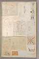 Page from a Scrapbook containing Drawings and Several Prints of Architecture, Interiors, Furniture and Other Objects, Charles Percier French, Pen and black and gray ink, graphite, black chalk