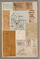 Page from a Scrapbook containing Drawings and Several Prints of Architecture, Interiors, Furniture and Other Objects, Charles Percier French, Pen and black and gray ink, graphite, black chalk