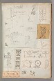 Page from a Scrapbook containing Drawings and Several Prints of Architecture, Interiors, Furniture and Other Objects, Charles Percier  French, Pen and black and gray ink, graphite, black chalk