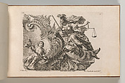 Design for a Rocaille Cartouche with the Figure of Justitia, Plate 2 from an untitled series with architectural cartouches and allegorical figures, Jacob Gottlieb Thelot Central European, Etching