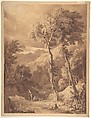 Mountainous landscape with travellers (Scene on the river Pellene Achaia), Hugh William Williams British, Pen and brown ink, brush and brown wash, over graphite, with touches of gouache (bodycolor)