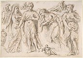 Studies of draped female and male figures; verso: Studies of draped female figures, Bartholomaeus Ignaz Weiss  German, Pen and brown ink, brown wash, over red chalk