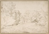 Landscape with a Pedimented Temple and Two Figures, Giovanni Francesco Grimaldi Italian, Pen and brown ink