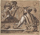 Study after Caravaggio's 'The Cardsharps' with color notes, Anonymous, Italian, Pen and brown ink, brush and brown wash with white heightening