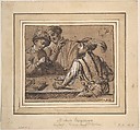 Study after Caravaggio's 'The Cardsharps' with color notes, Anonymous, Italian, Pen and brown ink, brush and brown wash with white heightening