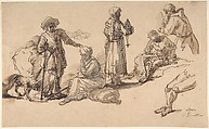 Studies for Standing and Seated Figures, Salvator Rosa  Italian, Pen and brown ink, brush and gray and brown wash, over leadpoint or graphite